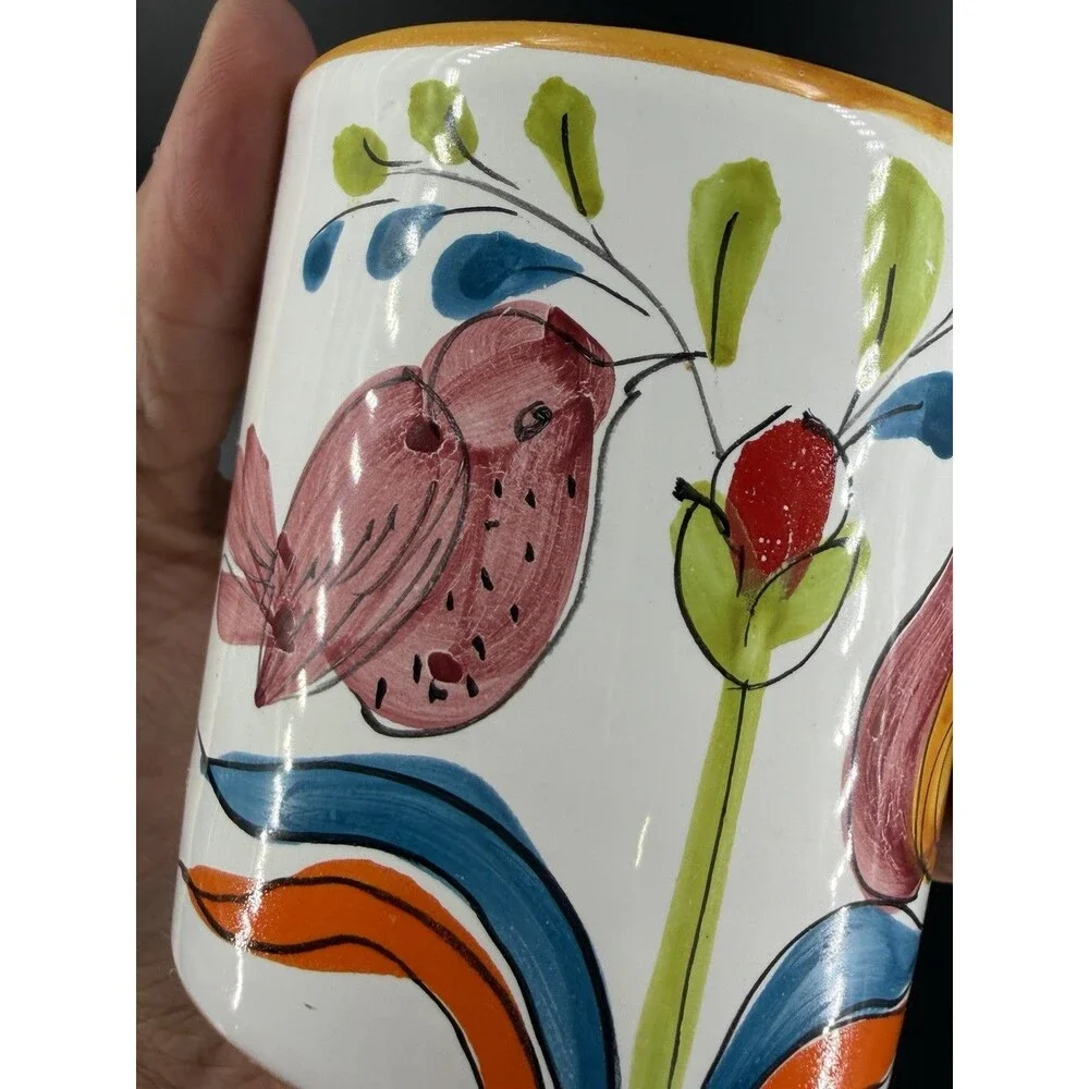 Italian Pottery Hand Painted Lidded Tea Canister Birds Flower Italy Vintage 70's